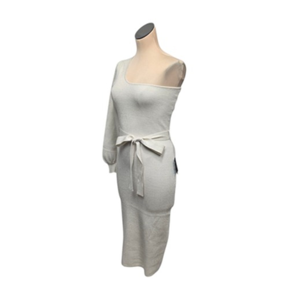 Lulus Dress Womens Medium White One‎ Shoulder Midi Knit Metallic Belted Party S - Picture 7 of 10